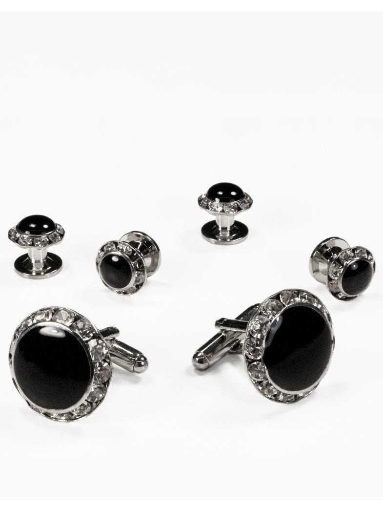 Black Enamel with Rhinestone Studded Cufflinks and Studs