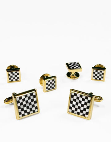 Black Onyx and Genuine Mother of Pearl Checkerboard Cufflinks and Studs Set
