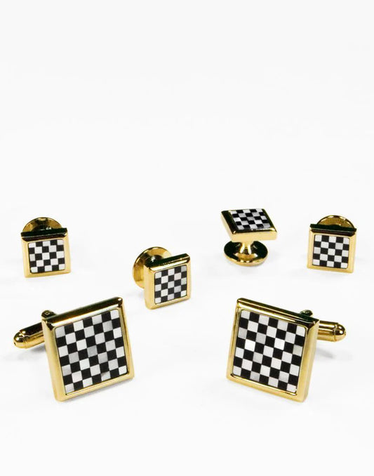 Black Onyx and Genuine Mother of Pearl Checkerboard Cufflinks and Studs Set