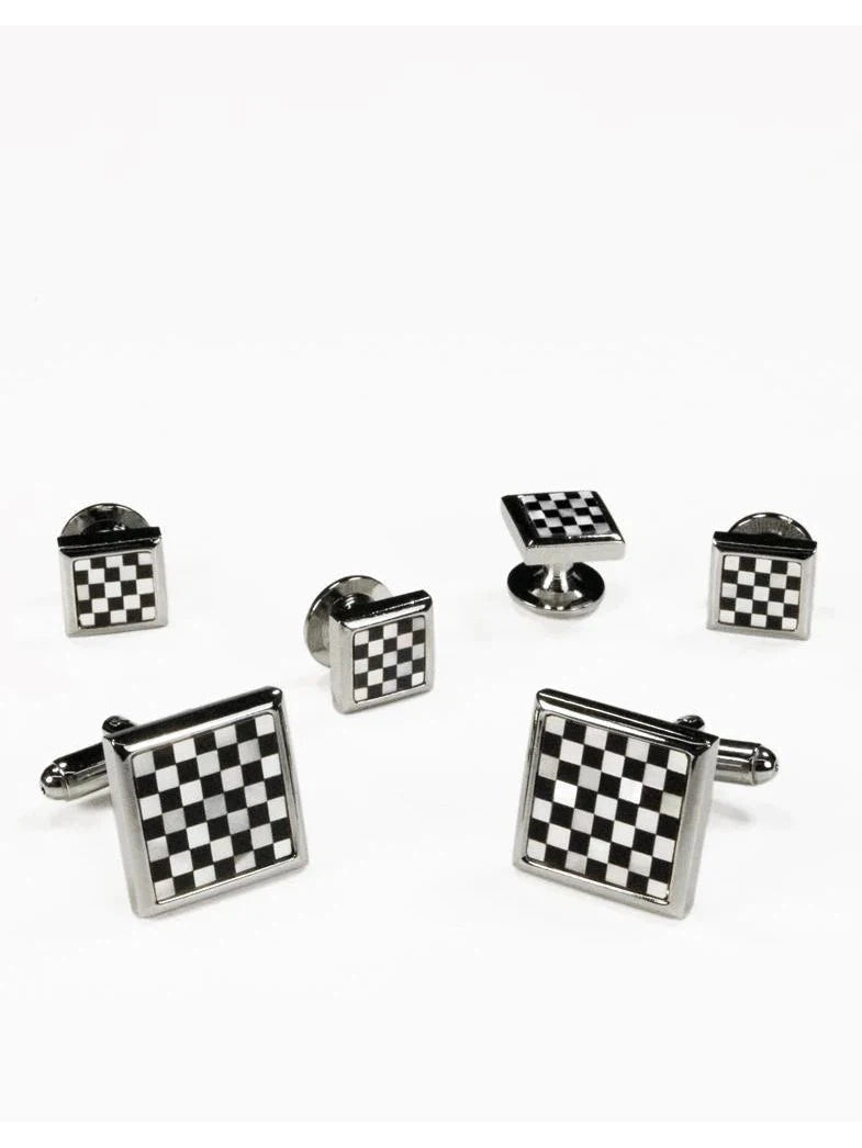 Black Onyx and Genuine Mother of Pearl Checkerboard Cufflinks and Studs Set