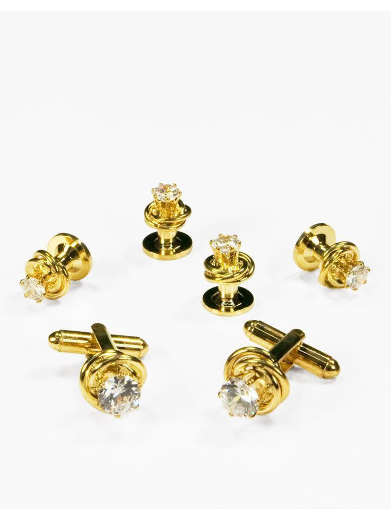 Crystal in Gold Loveknots Cufflinks and Stud Set