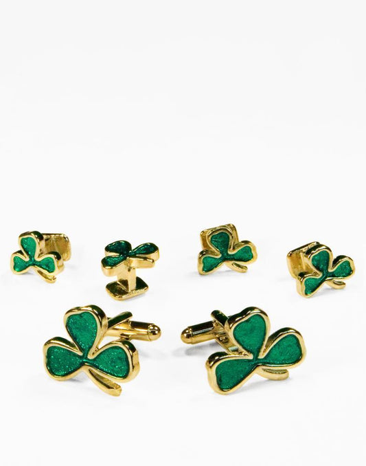 Three Leaf Clover Cufflink and Studs Set - Green Shamrock Cufflinks and Studs