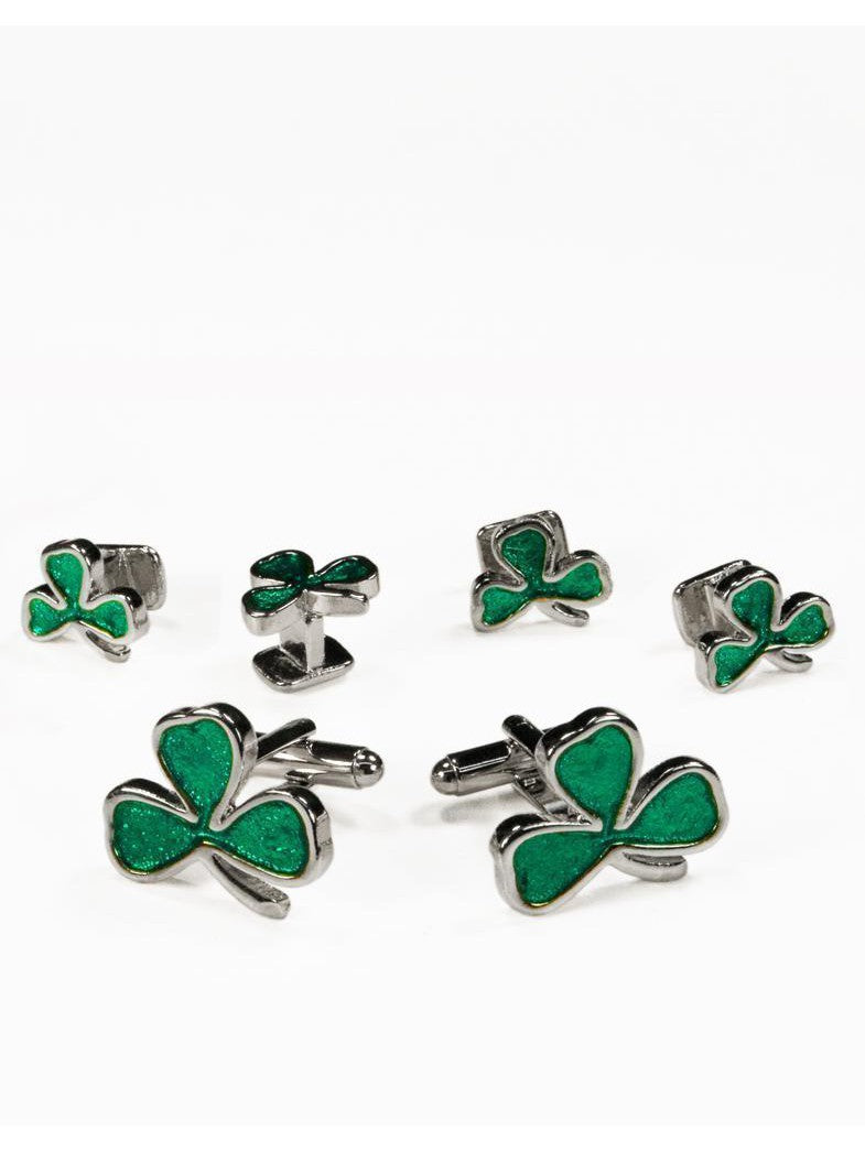 Three Leaf Clover Cufflink and Studs Set - Green Shamrock Cufflinks and Studs