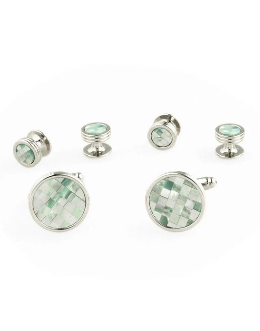 Mosaic Circular Mother of Pearl with Silver Trim Studs and Cufflinks Set