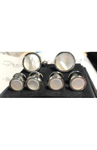 White Mother of Pearl with Silver Feather Cut Edge Studs and Cufflinks Set