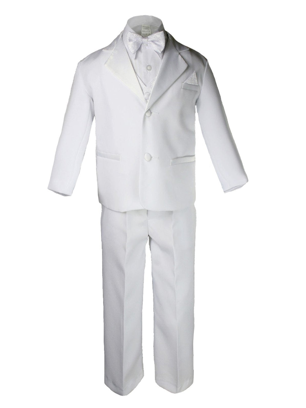 Boys 5 Piece Tuxedo Set - Includes Formal Jacket, Pants, Shirt, Vest & Bow Tie - White