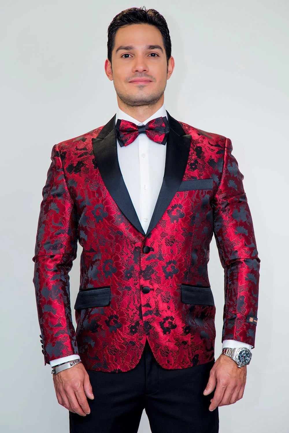 Red Floral Tuxedo Jacket Slim Fit
