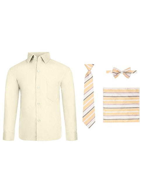 Boy's 4 Piece Dress Shirt Set with Long Tie, Bow Tie and Hanky