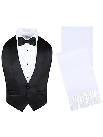 Men’s Black Backless Tuxedo Vest Set with Bow Tie & White Formal Scarf (Fits S-XL)