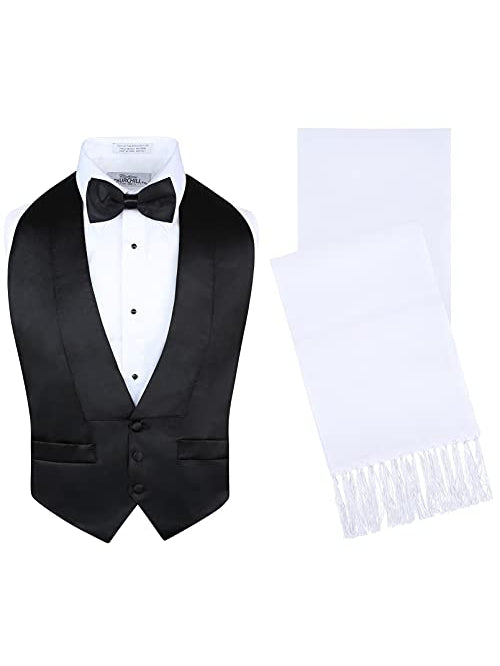 Men’s Black Backless Tuxedo Vest Set with Bow Tie & White Formal Scarf (Fits S-XL)