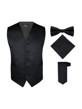 Load image into Gallery viewer, S.H. Churchill &amp; Co. Men&#39;s 4 Piece Black Vest Set, with Bow Tie, Neck Tie &amp; Pocket Hankie
