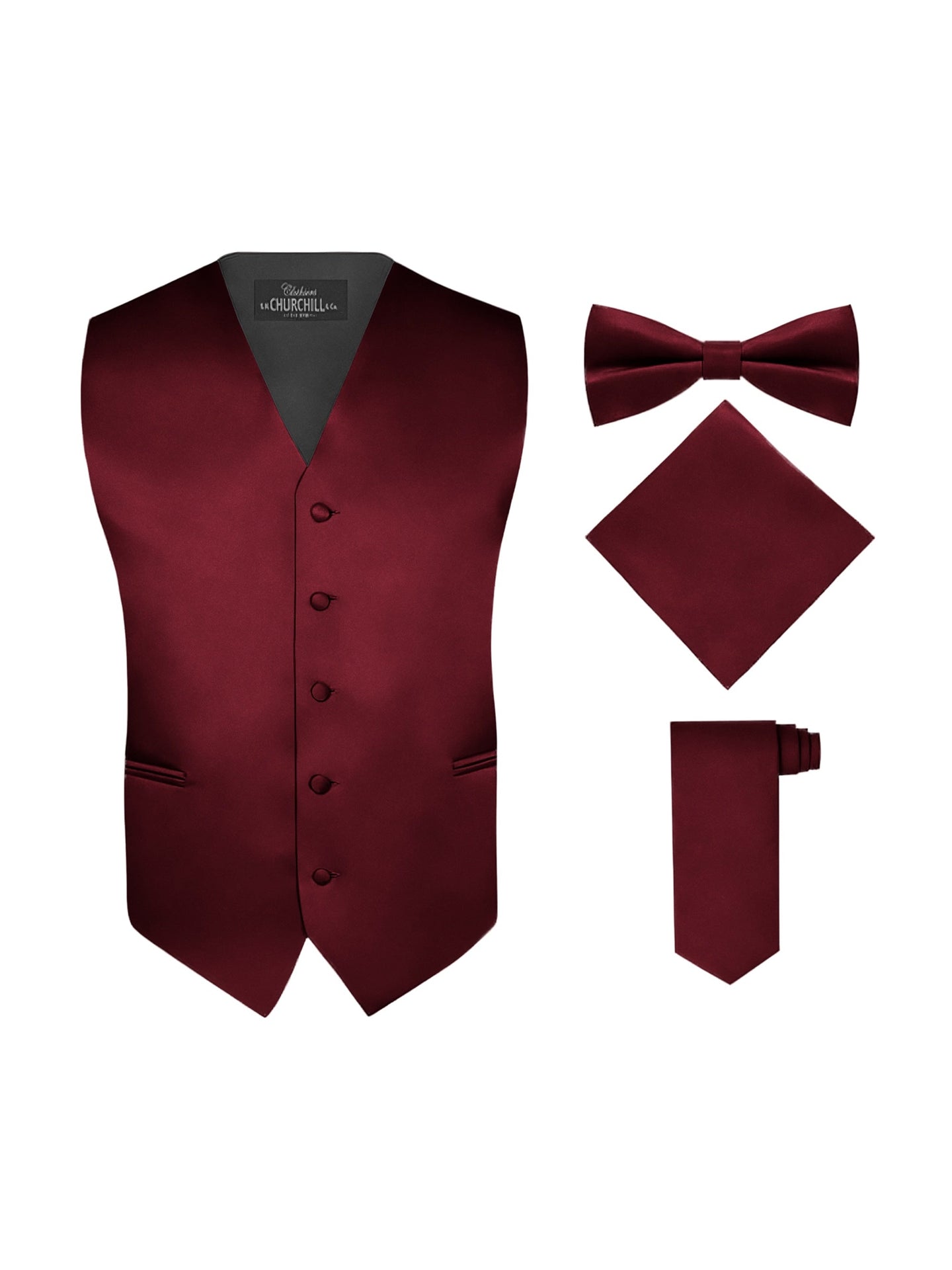 S.H. Churchill & Co. Men's 4 Piece Burgundy Vest Set, with Bow Tie, Neck Tie & Pocket Hankie