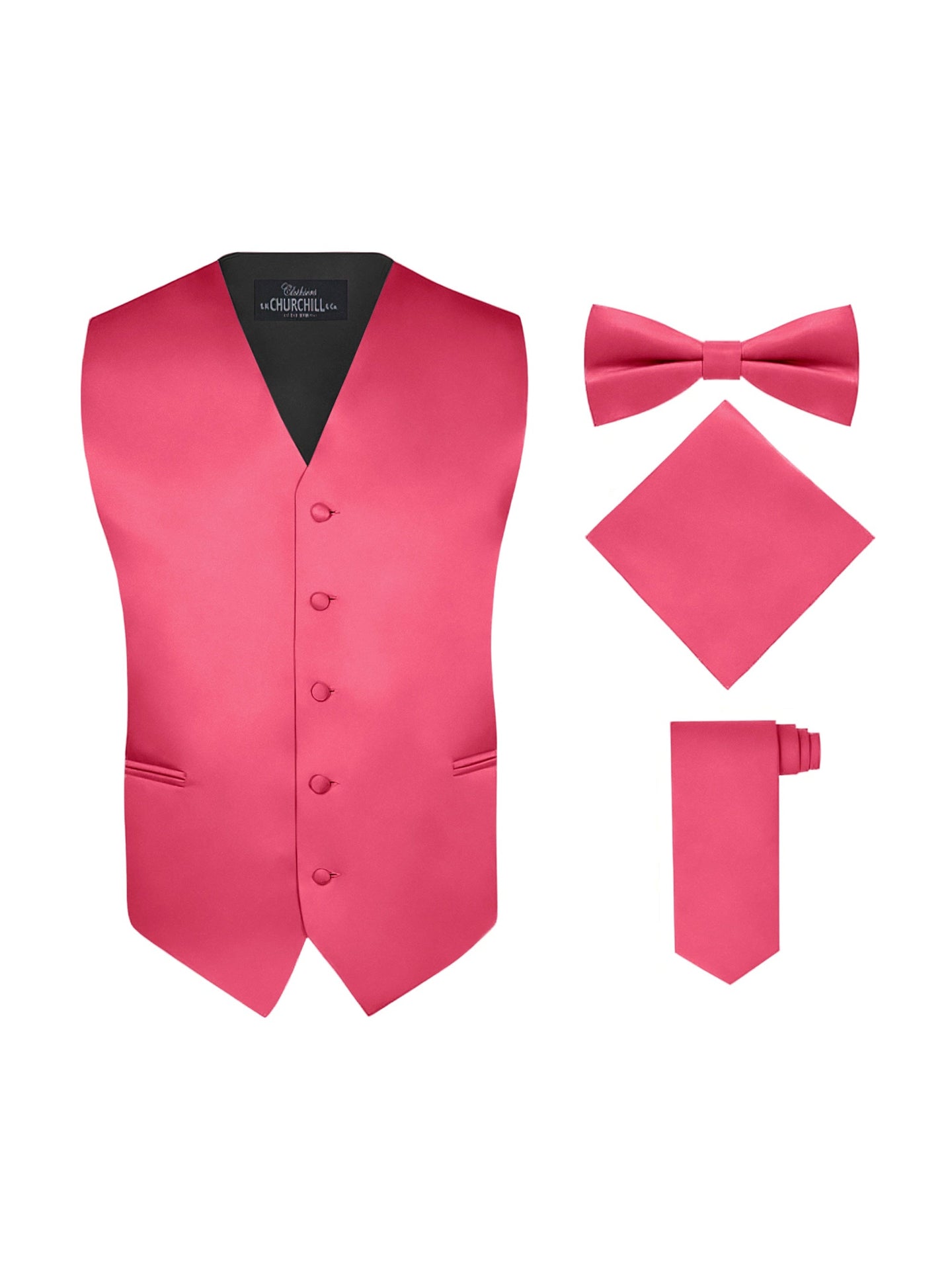 S.H. Churchill & Co. Men's 4 Piece Hot Pink Vest Set, with Bow Tie, Neck Tie & Pocket Hankie