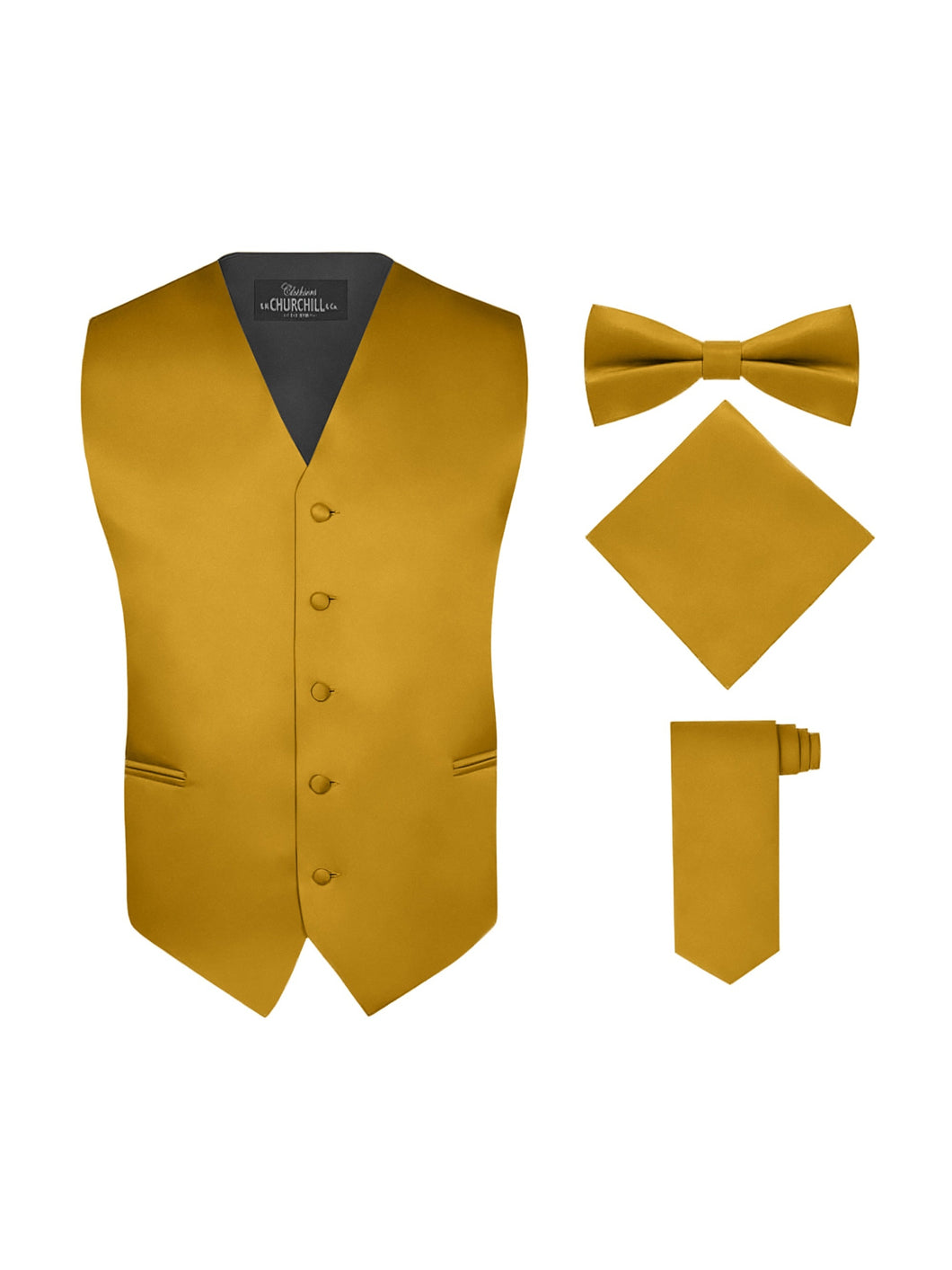 S.H. Churchill & Co. Men's 4 Piece Gold Vest Set, with Bow Tie, Neck Tie & Pocket Hankie
