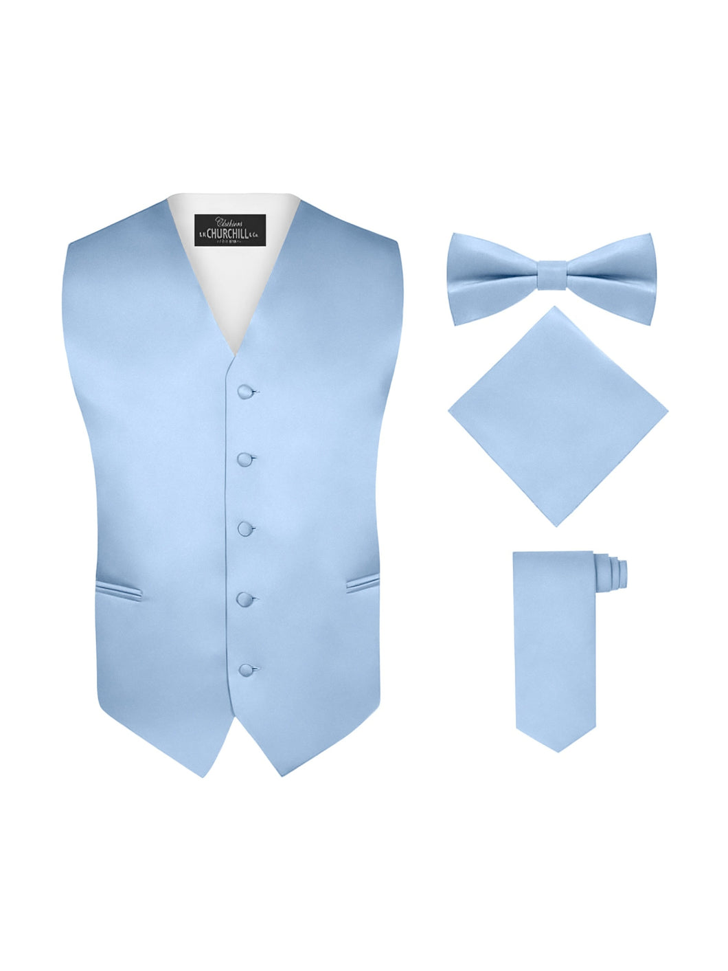 S.H. Churchill & Co. Men's 4 Piece Light Blue Vest Set, with Bow Tie, Neck Tie & Pocket Hankie