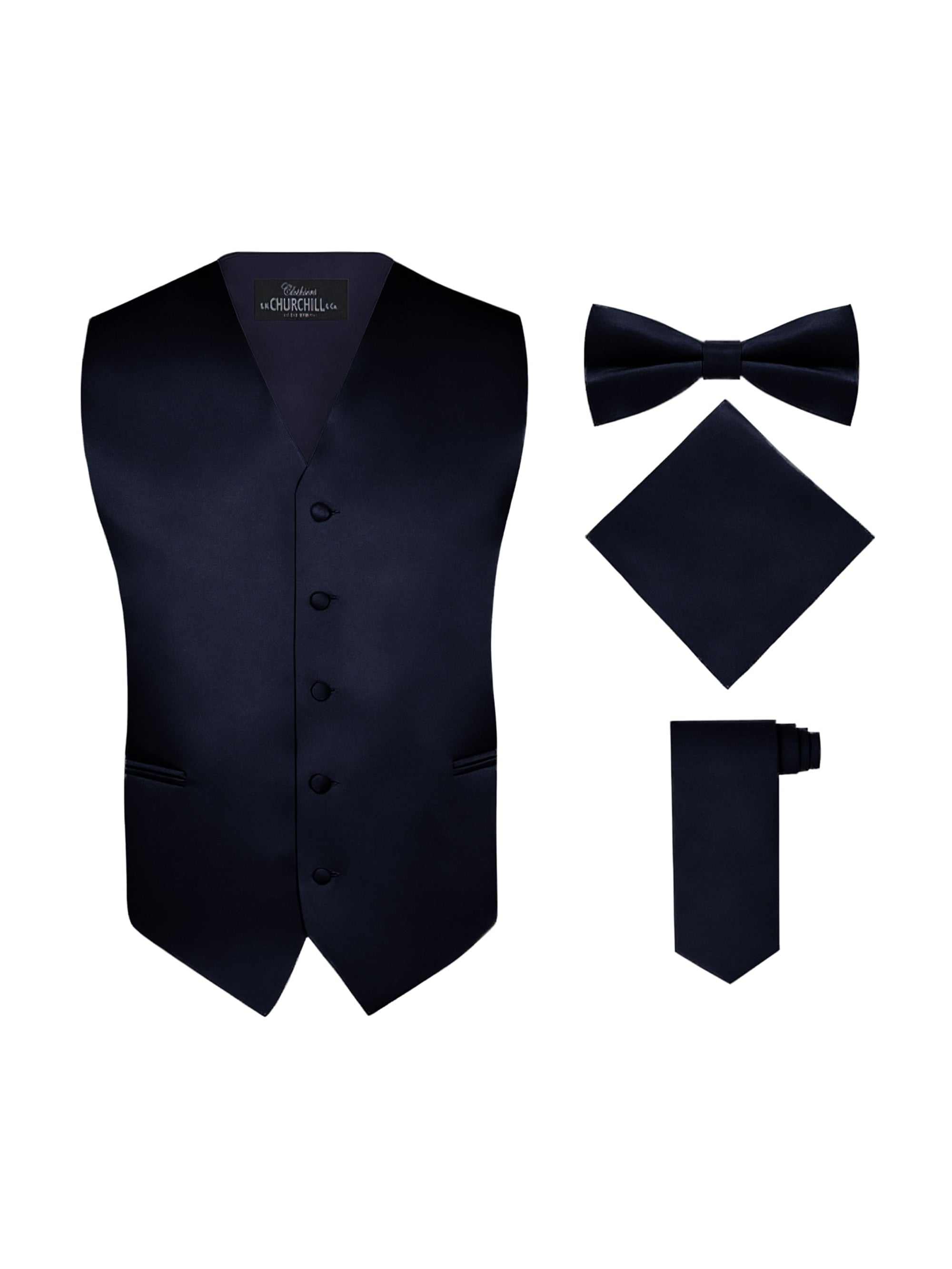 S.H. Churchill & Co. Men's 4 Piece Navy Vest Set, with Bow Tie, Neck T – Fine Tu