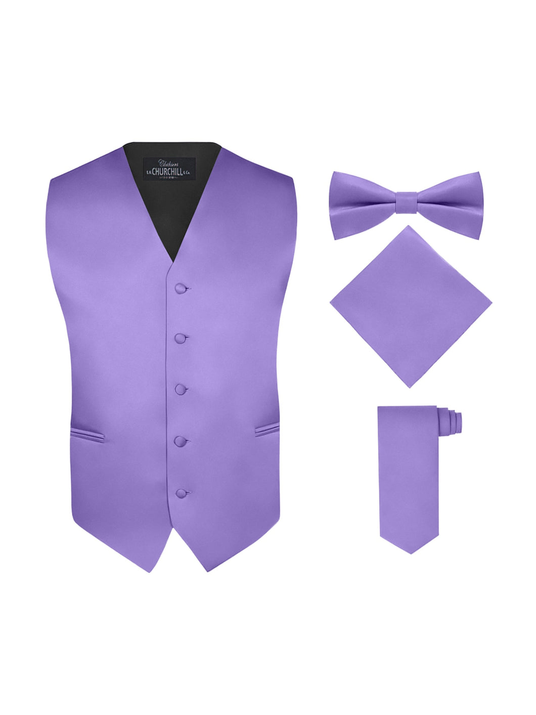 S.H. Churchill & Co. Men's 4 Piece Light Purple Vest Set, with Bow Tie, Neck Tie & Pocket Hankie