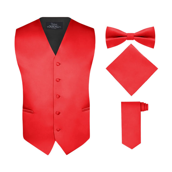 red dress vest Men's 4 Piece Red Vest Set, with Bow Tie, Neck Tie & Pocket Hankie, Red / Small