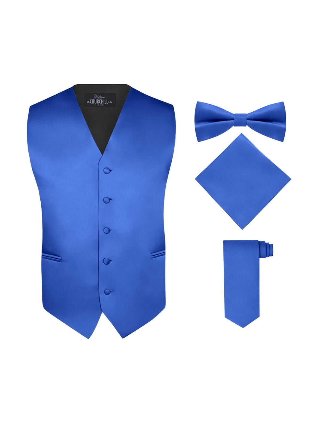 S.H. Churchill & Co. Men's 4 Piece Royal Blue Vest Set, with Bow Tie, Neck Tie & Pocket Hankie