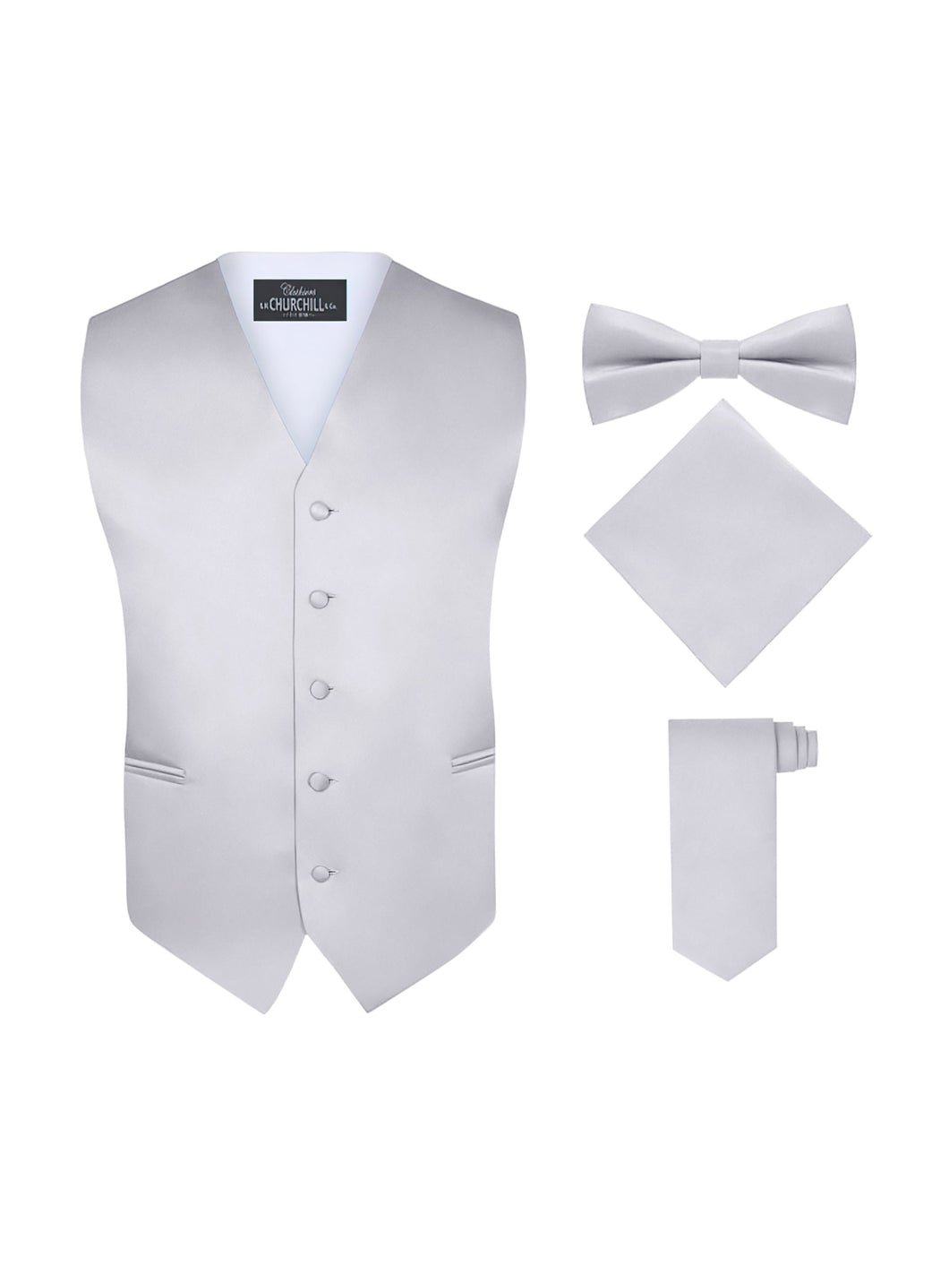S.H. Churchill & Co. Men's 4 Piece Silver Vest Set, with Bow Tie, Neck Tie & Pocket Hankie