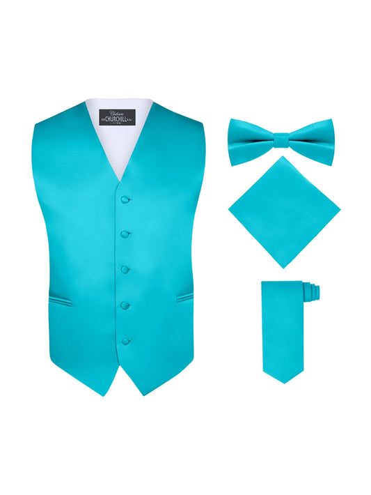 S.H. Churchill & Co. Men's 4 Piece Teal Vest Set, with Bow Tie, Neck Tie & Pocket Hankie