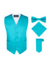 Load image into Gallery viewer, S.H. Churchill &amp; Co. Men&#39;s 4 Piece Teal Vest Set, with Bow Tie, Neck Tie &amp; Pocket Hankie
