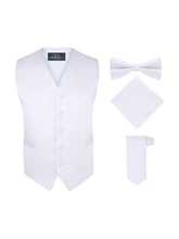 Load image into Gallery viewer, S.H. Churchill &amp; Co. Men&#39;s 4 Piece White Vest Set, with Bow Tie, Neck Tie &amp; Pocket Hankie
