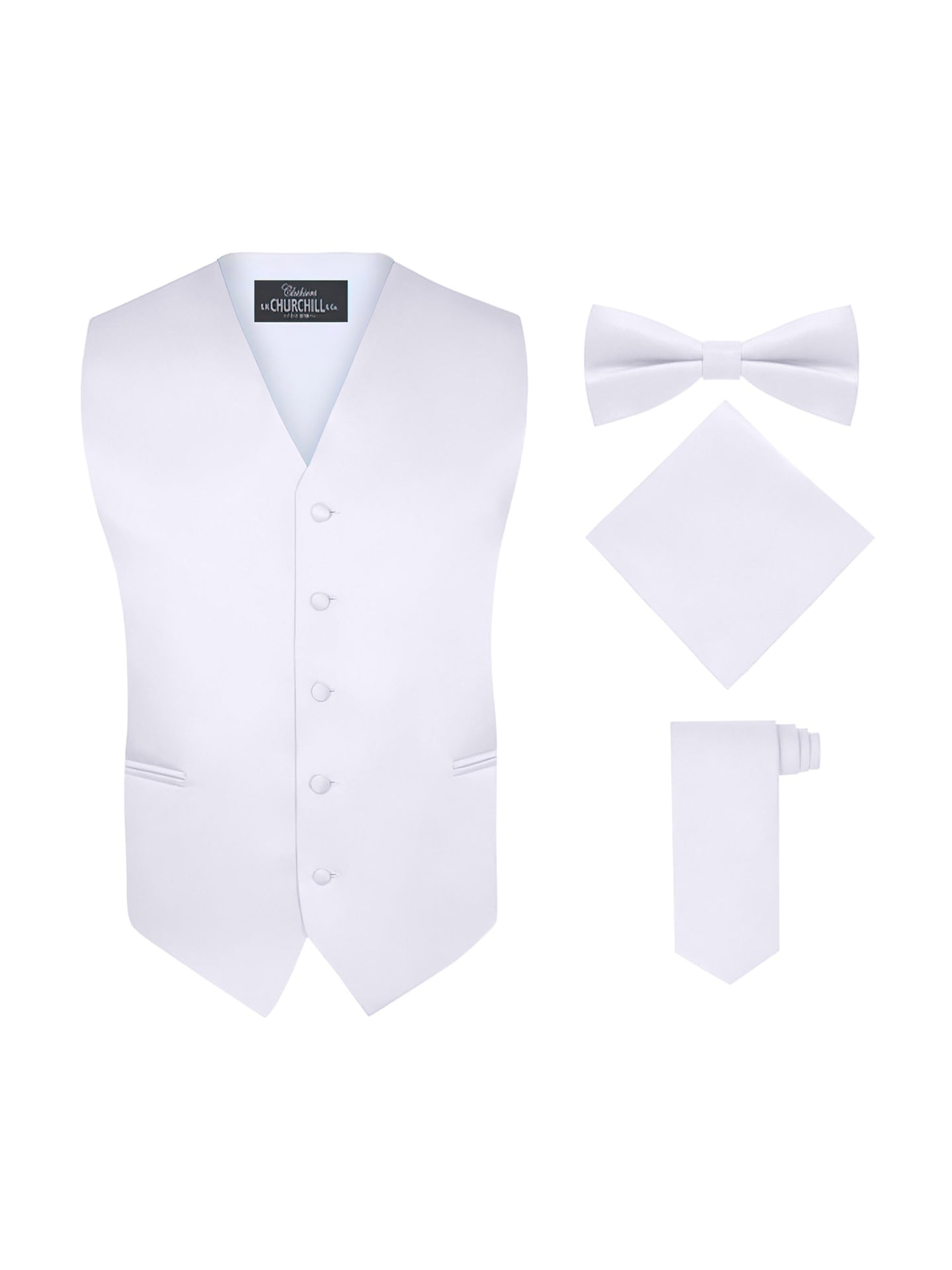 S.H. Churchill & Co. Men's 4 Piece White Vest Set, with Bow Tie, Neck Tie & Pocket Hankie