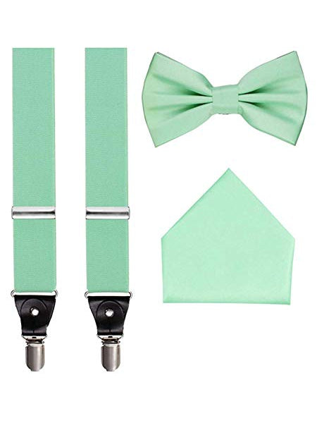 Men's 3 Piece Spearmint Suspender Set - Includes Suspenders, Matching Bow Tie, Pocket Hanky and Gift Box