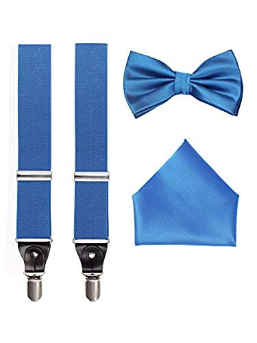 Men's 3 Piece Royal Blue Suspender Set - Includes Suspenders, Matching Bow Tie, Pocket Hanky and Gift Box
