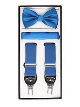 Load image into Gallery viewer, S.H. Churchill &amp; Co. Men&#39;s 3 Piece Royal Blue Suspender Set - Includes Suspenders, Matching Bow Tie, Pocket Hanky and Gift Box
