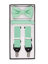 Load image into Gallery viewer, S.H. Churchill &amp; Co. Men&#39;s 3 Piece Spearmint Suspender Set - Includes Suspenders, Matching Bow Tie, Pocket Hanky and Gift Box
