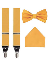 Load image into Gallery viewer, S.H. Churchill &amp; Co. Men&#39;s 3 Piece Sunflower Yellow Suspender Set - Includes Suspenders, Matching Bow Tie, Pocket Hanky and Gift Box
