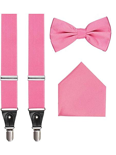 Men's 3 Piece Pink Suspender Set - Includes Suspenders, Matching Bow Tie, Pocket Hanky and Gift Box