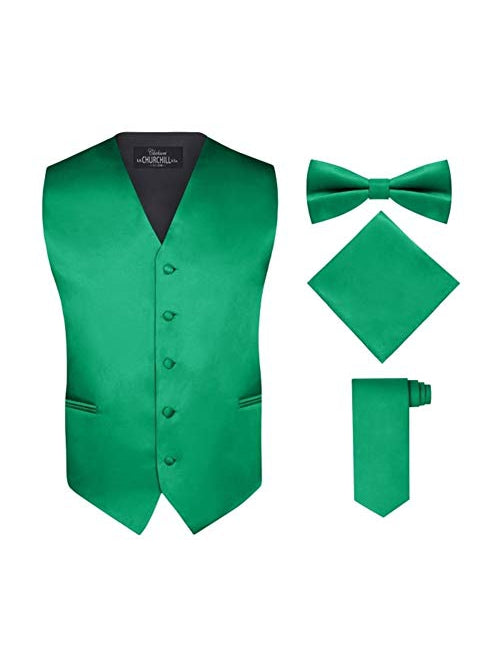 S.H. Churchill & Co. Men's 4 Piece Kelly Green Vest Set, with Bow Tie, Neck Tie & Pocket Hankie