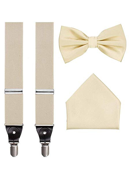 Men's 3 Piece Cream Suspender Set - Includes Suspenders, Matching Bow Tie, Pocket Hanky and Gift Box