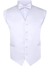 Load image into Gallery viewer, S.H. Churchill &amp; Co. Men&#39;s 4 Piece White Vest Set, with Bow Tie, Neck Tie &amp; Pocket Hankie
