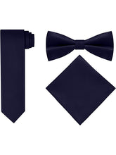 Load image into Gallery viewer, S.H. Churchill &amp; Co. Men&#39;s 4 Piece Navy Vest Set, with Bow Tie, Neck Tie &amp; Pocket Hankie
