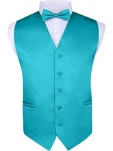 Load image into Gallery viewer, S.H. Churchill &amp; Co. Men&#39;s 4 Piece Teal Vest Set, with Bow Tie, Neck Tie &amp; Pocket Hankie
