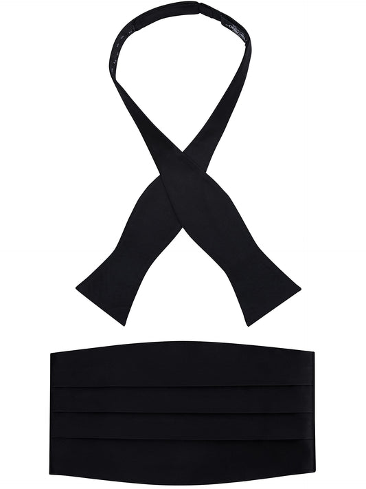 Men's Black Satin Self Tie Bow Tie and Cummerbund Set