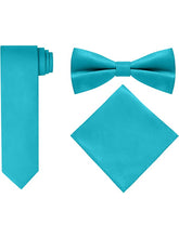Load image into Gallery viewer, S.H. Churchill &amp; Co. Men&#39;s 4 Piece Teal Vest Set, with Bow Tie, Neck Tie &amp; Pocket Hankie
