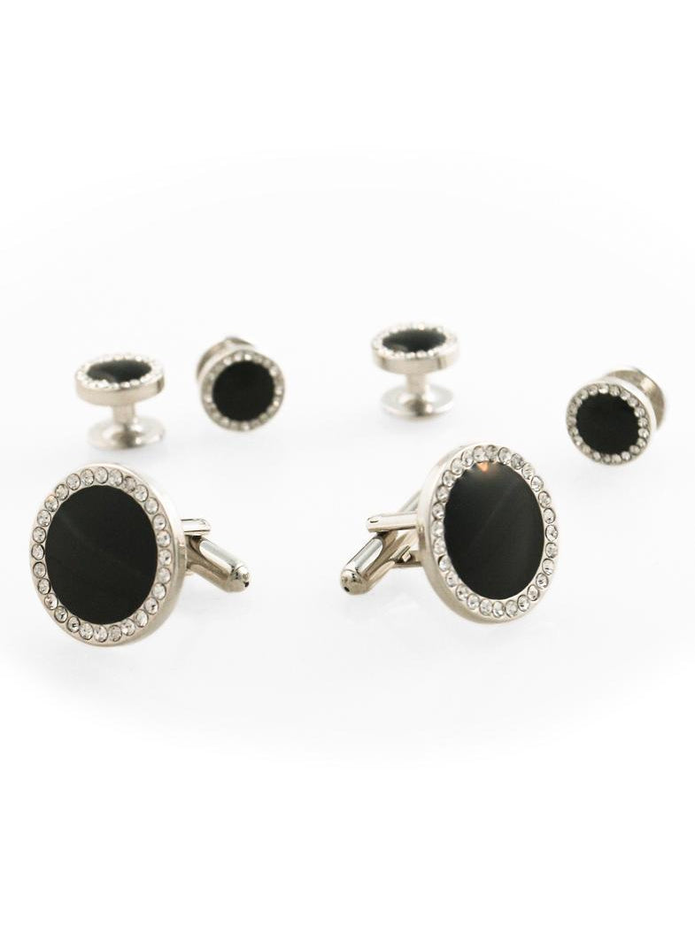 Black Circular Enamel with CZ Border Silver Edge Studs and Cufflinks Set