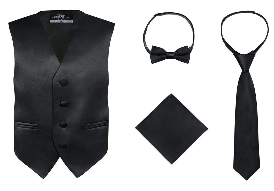 S.H. Churchill & Co. Boy's 4 Piece Vest Set, with Bow Tie, Neck Tie & Pocket Hankie
