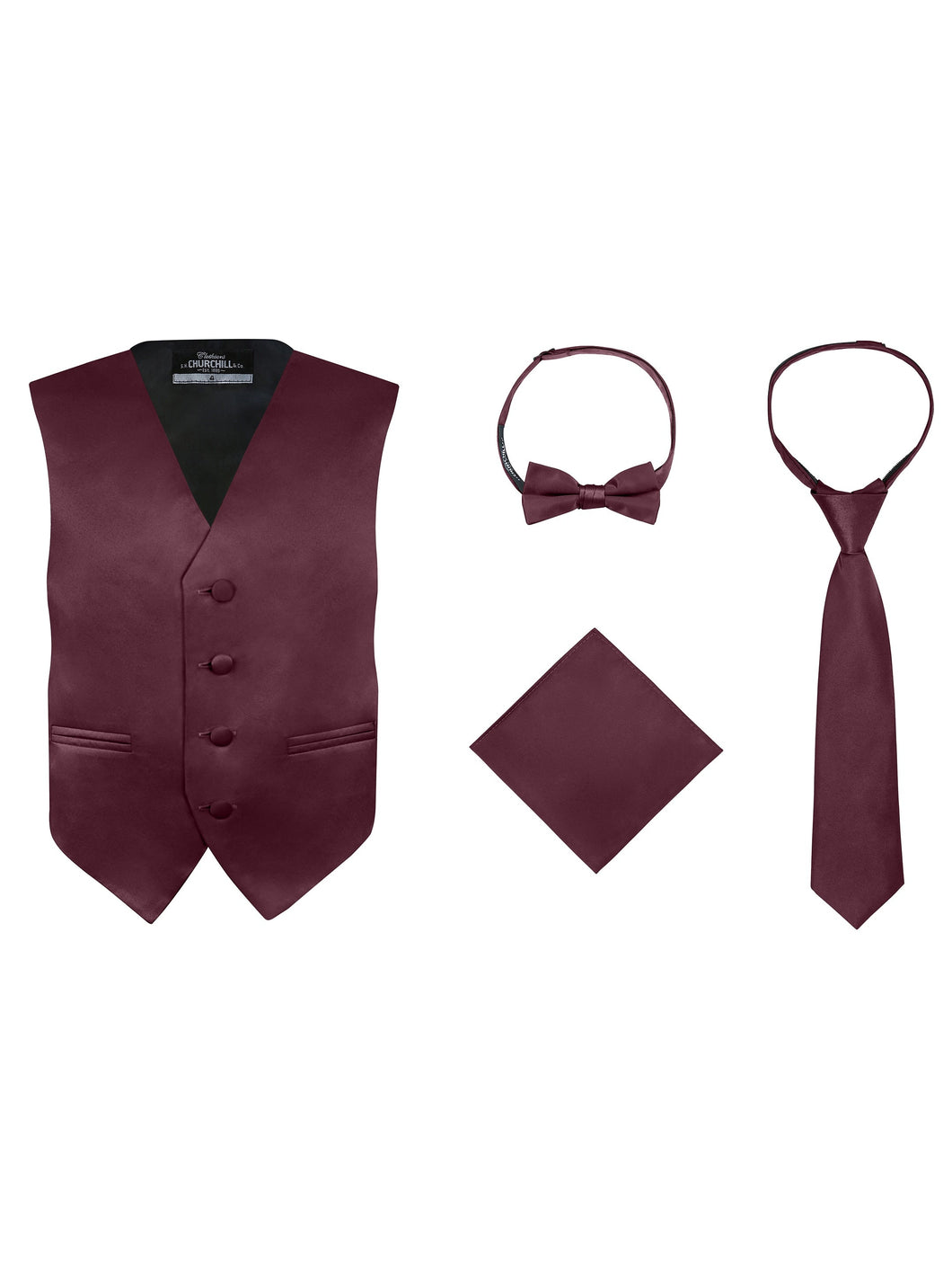 S.H. Churchill & Co. Boy's 4 Piece Vest Set, with Bow Tie, Neck Tie & Pocket Hankie
