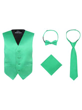 Load image into Gallery viewer, Boy&#39;s 4 Piece Vest Set, with Bow Tie, Neck Tie &amp; Pocket Hankie
