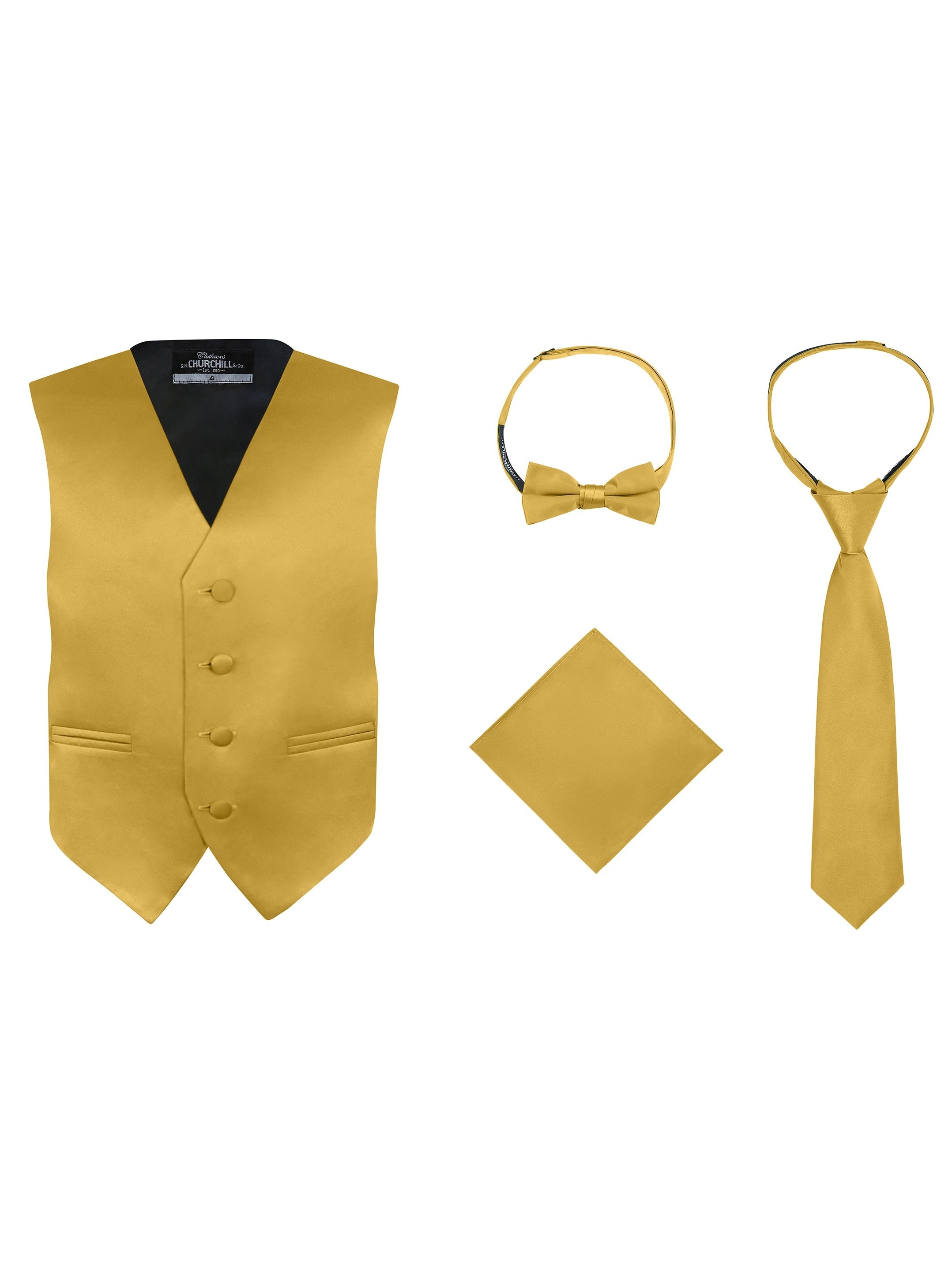 Boy's 4 Piece Vest Set, with Bow Tie, Neck Tie & Pocket Hankie – Fine Tuxedos