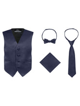 Load image into Gallery viewer, Boys 4 Piece Vest Set, with Bow Tie, Neck Tie &amp; Pocket Hankie
