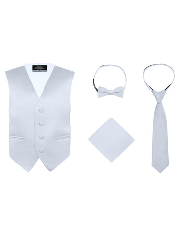 Boys Silver 4-Piece Formal Vest Set with Tie, Bow Tie & Pocket Square