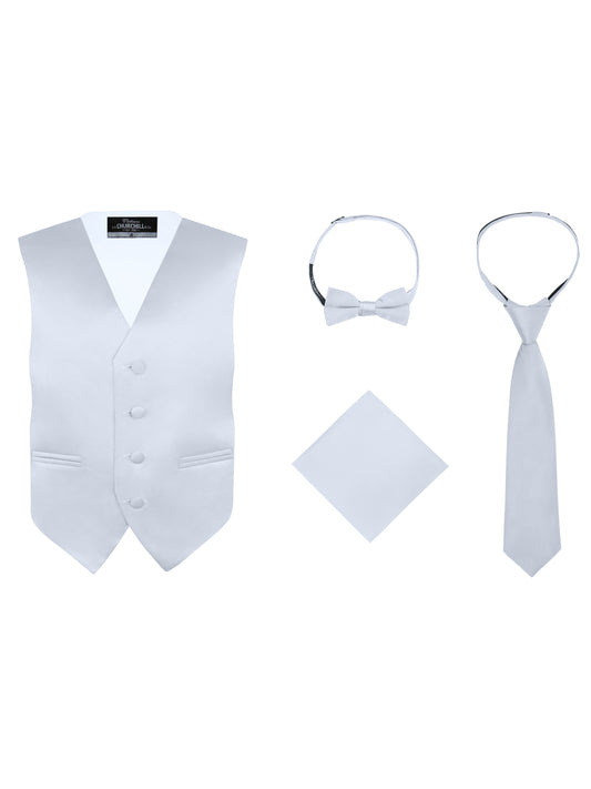 Boys Silver 4-Piece Formal Vest Set with Tie, Bow Tie & Pocket Square