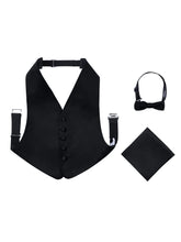 Load image into Gallery viewer, S.H. Churchill &amp; Co. Boy&#39;s 3 Piece Black Backless Formal Vest Set - Includes Vest, Bow Tie, Pocket Square for Tuxedo or Suit
